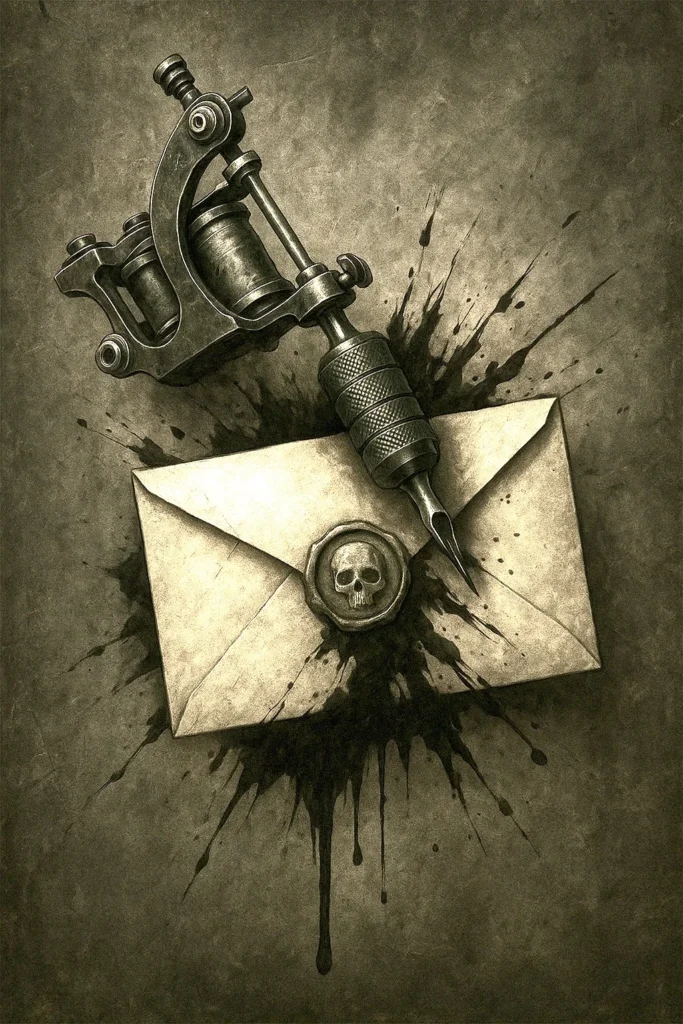 Contacto con tatuador murcia JhayP tattoo. Maquina de tatuar sobre una carta antigua.