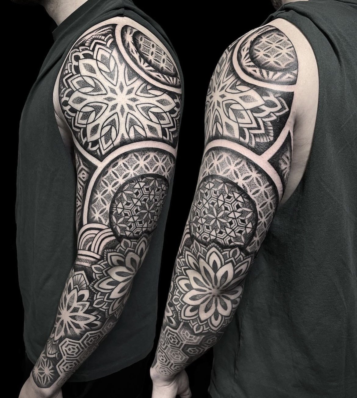 Tatuaje mandala y geométrico detallado, arte lineal único que combina patrones simétricos y armoniosos para un diseño personalizado y elegante. Ideal para quienes buscan un estilo único y lleno de significado.